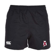 Introducing the University of Alabama Rugby Player's Drill Short by EMB Canterbury: athletic shorts crafted from recycled fabric, featuring a black color with an elastic waistband. They sport a white logo and a red and white triangular emblem, combining style with sustainability.