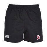 Introducing the University of Alabama Rugby Player's Drill Short by EMB Canterbury: athletic shorts crafted from recycled fabric, featuring a black color with an elastic waistband. They sport a white logo and a red and white triangular emblem, combining style with sustainability.