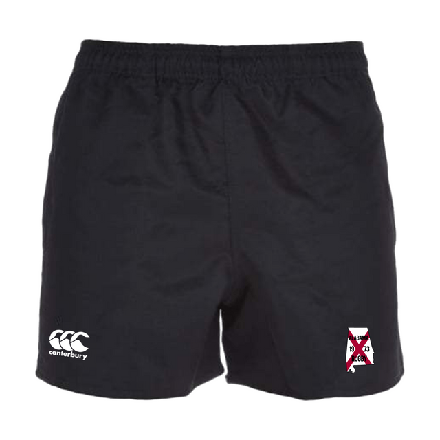 Introducing the University of Alabama Rugby Player's Drill Short by EMB Canterbury: athletic shorts crafted from recycled fabric, featuring a black color with an elastic waistband. They sport a white logo and a red and white triangular emblem, combining style with sustainability.