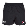 Introducing the University of Alabama Rugby Player's Drill Short by EMB Canterbury: athletic shorts crafted from recycled fabric, featuring a black color with an elastic waistband. They sport a white logo and a red and white triangular emblem, combining style with sustainability.