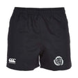 Missoula All-Maggots Advantage Rugby Shorts by Canterbury feature a black athletic design with an elastic waistband, a white Canterbury logo on the left leg, and a white circular Missoula All-Maggots emblem on the right leg. Crafted by EMB Canterbury, these rugby shorts are designed for performance and offer moisture-wicking properties to keep you comfortable during intense play.