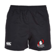 The Rugby Michigan Referee Society Advantage Rugby Shorts by Canterbury, in black, come with an elastic waistband and display the classic Canterbury logo on the left along with the "Rugby Michigan Referee" emblem on the right. These shorts are crafted from moisture-wicking fabric to ensure comfort during intense matches.