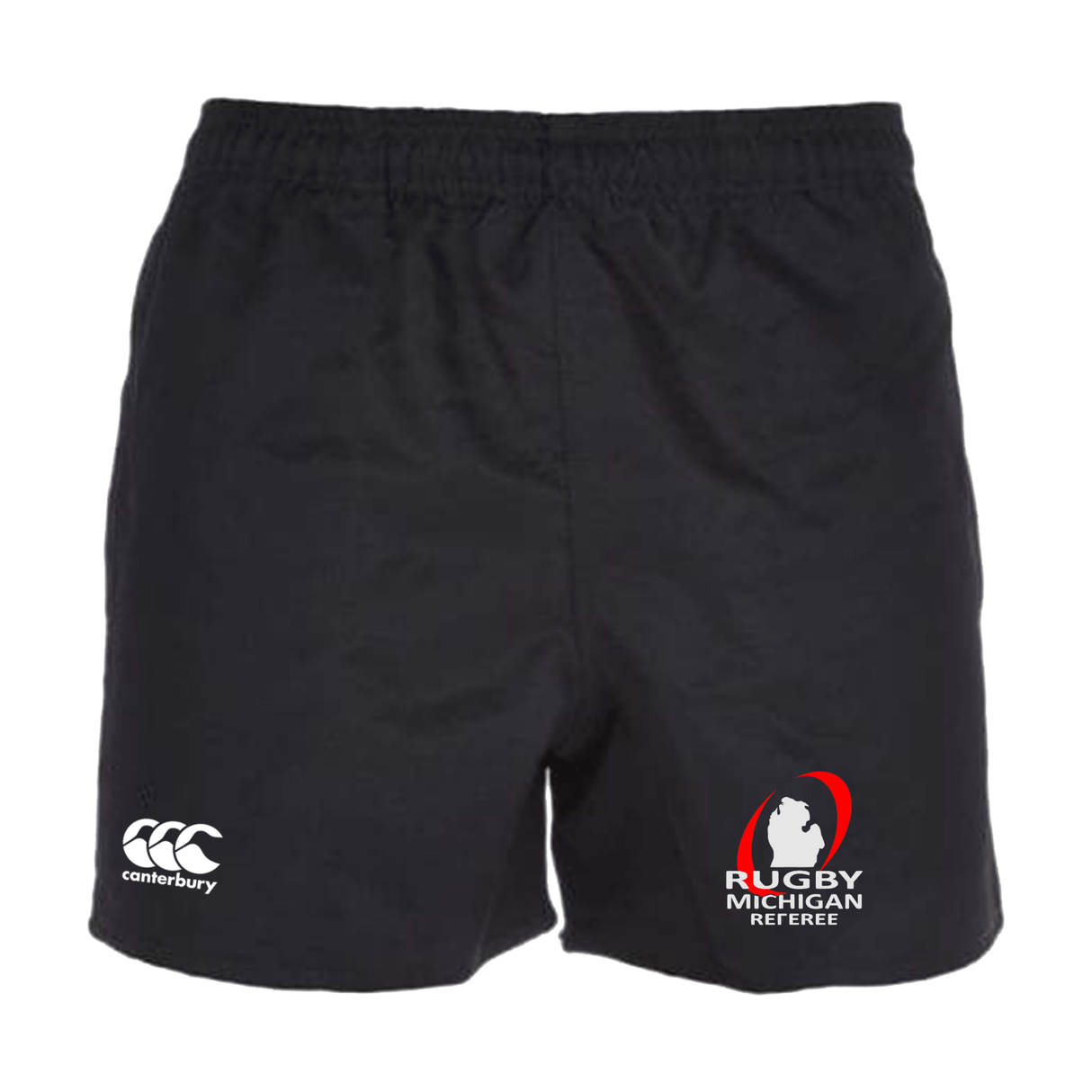 The Rugby Michigan Referee Society Advantage Rugby Shorts by Canterbury, in black, come with an elastic waistband and display the classic Canterbury logo on the left along with the "Rugby Michigan Referee" emblem on the right. These shorts are crafted from moisture-wicking fabric to ensure comfort during intense matches.