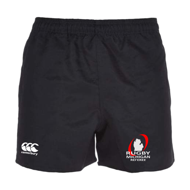 The Rugby Michigan Referee Society Advantage Rugby Shorts by Canterbury, in black, come with an elastic waistband and display the classic Canterbury logo on the left along with the "Rugby Michigan Referee" emblem on the right. These shorts are crafted from moisture-wicking fabric to ensure comfort during intense matches.