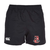 The Rye High School 10 Year Professional Polyester Rugby Short by EMB Canterbury features the iconic Canterbury logo on the left and a vibrant red and black "Rye Rugby" emblem on the right, made from durable polyester to ensure maximum comfort.