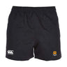 The Brighton High School Player's Drill Short by EMB Canterbury is a pair of black shorts featuring a white Canterbury logo on the left leg and an orange crest on the right. Made from recycled fabric, these shorts bring both style and sustainability to your athletic wardrobe.