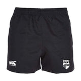 The Cincinnati Wolfhounds Player's Drill Short by EMB Canterbury showcases the Canterbury logo on the left leg and the Cincinnati RFC logo on the right leg, all crafted from recycled fabric.