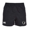 The DePaul University Player's Drill Short by EMB Canterbury, made from recycled fabric, features an elastic waistband. The left side sports the iconic white Canterbury logo, while a bull head logo decorates the right, making these shorts perfect for any athletic pursuit.