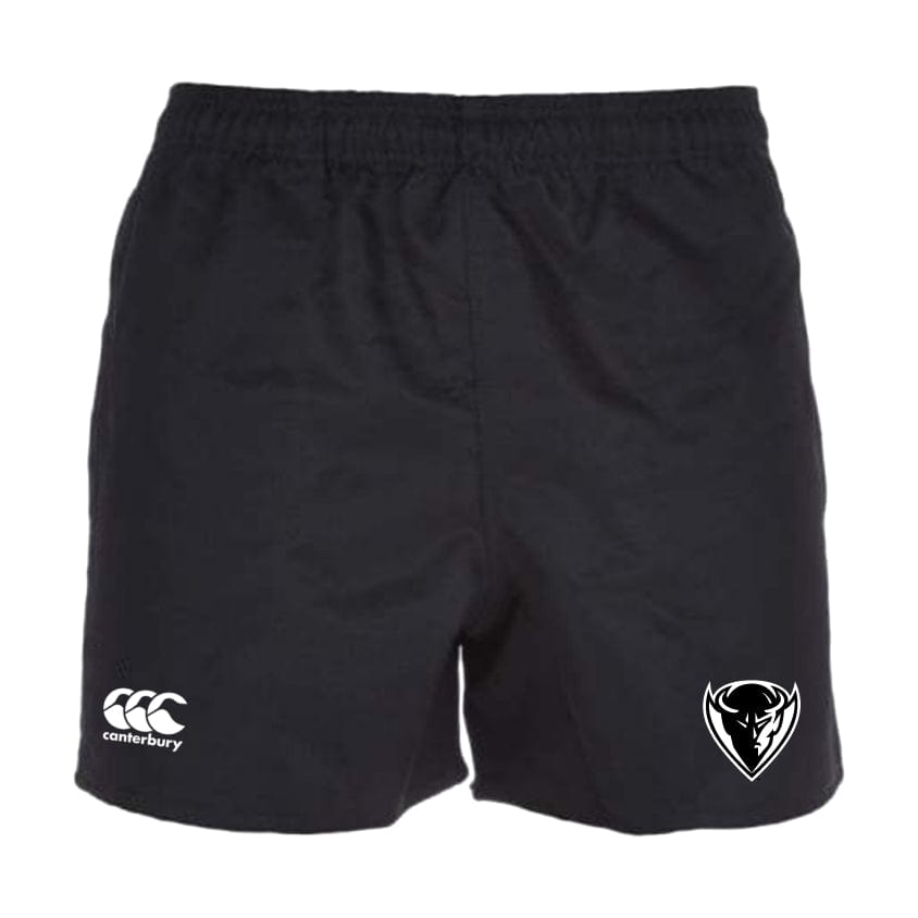 The DePaul University Player's Drill Short by EMB Canterbury, made from recycled fabric, features an elastic waistband. The left side sports the iconic white Canterbury logo, while a bull head logo decorates the right, making these shorts perfect for any athletic pursuit.