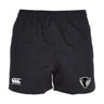 The DePaul University Player's Drill Short by EMB Canterbury, made from recycled fabric, features an elastic waistband. The left side sports the iconic white Canterbury logo, while a bull head logo decorates the right, making these shorts perfect for any athletic pursuit.