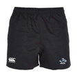 Lake Zurich Player's Drill Short by Canterbury, made from recycled fabric, showcases a white EMB Canterbury logo on the left hem and a Maulers team logo on the right hem.