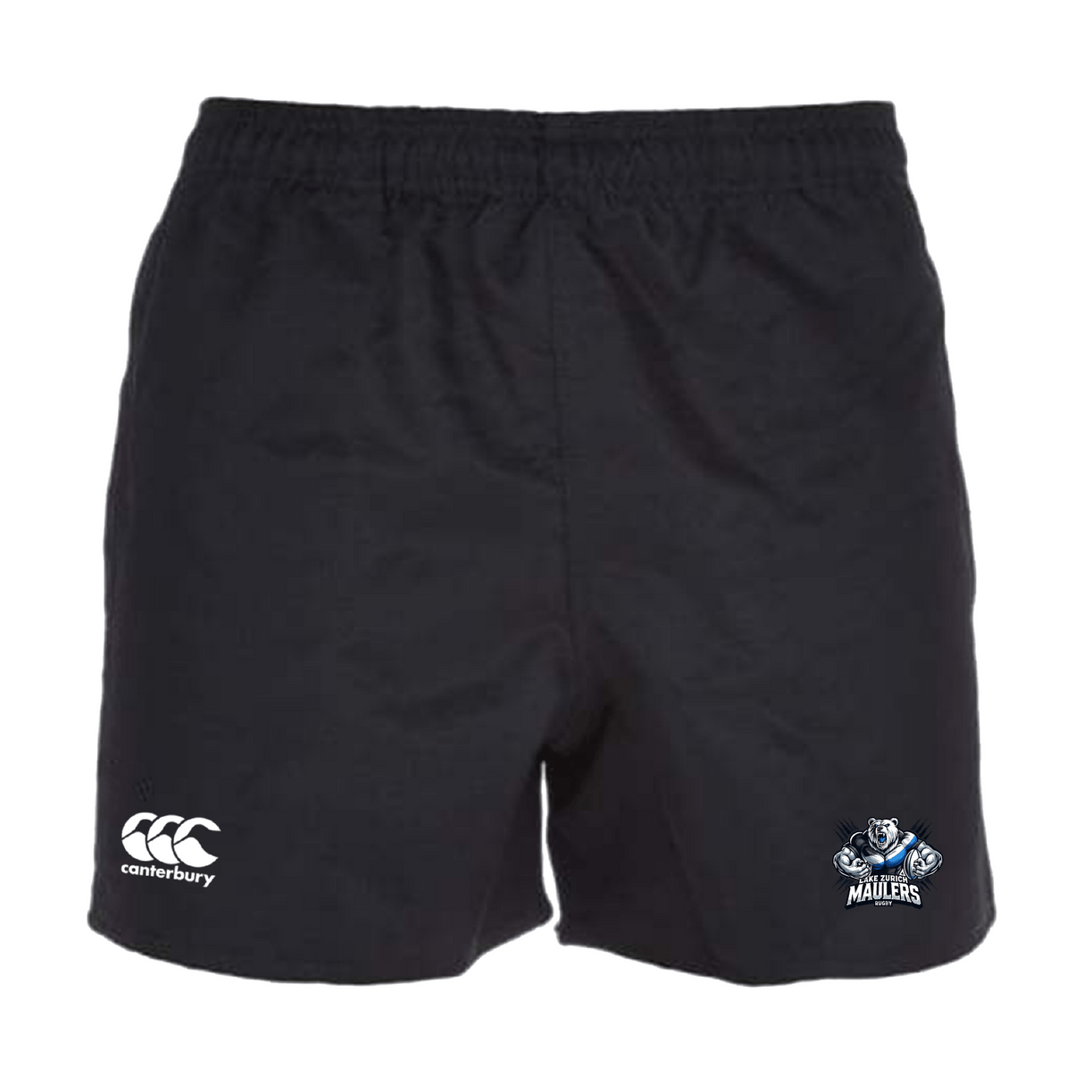 Lake Zurich Player's Drill Short by Canterbury, made from recycled fabric, showcases a white EMB Canterbury logo on the left hem and a Maulers team logo on the right hem.