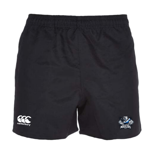 Lake Zurich Player's Drill Short by Canterbury, made from recycled fabric, showcases a white EMB Canterbury logo on the left hem and a Maulers team logo on the right hem.
