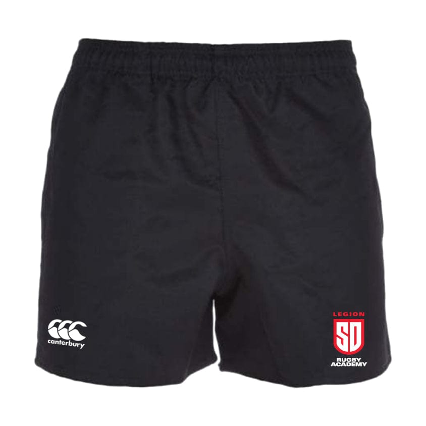 The San Diego Legion Rugby Academy Player's Drill Shorts by EMB Canterbury showcase the Canterbury logo on the left and the "Legion SD Rugby Academy" logo on the right. Crafted from recycled fabric, these shorts offer both sustainability and durability, ideal for intense training sessions.