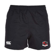 The Southern Pines Youth Rugby Shorts by EMB Canterbury are made from durable polyester and have an elastic waistband. They display the Canterbury logo on the left leg and a "SP" shield emblem on the right.