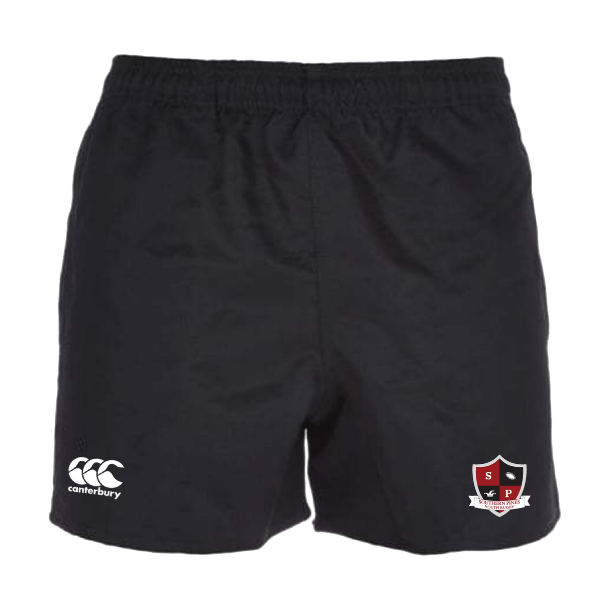 The Southern Pines Youth Rugby Shorts by EMB Canterbury are made from durable polyester and have an elastic waistband. They display the Canterbury logo on the left leg and a "SP" shield emblem on the right.