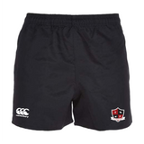 The Southern Pines Youth Rugby Shorts by EMB Canterbury are made from durable polyester and have an elastic waistband. They display the Canterbury logo on the left leg and a "SP" shield emblem on the right.