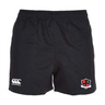 The Southern Pines Youth Rugby Shorts by EMB Canterbury are made from durable polyester and have an elastic waistband. They display the Canterbury logo on the left leg and a "SP" shield emblem on the right.
