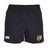 The Towson University Rugby Player's Drill Short by EMB Canterbury are black sports shorts made from recycled fabric, featuring an elastic waistband, the iconic white Canterbury logo on the left leg, and a yellow and black badge with a "T" and ball on the right leg, perfect for training.