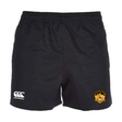 The University of Maryland Baltimore County Rugby Player's Drill Short by EMB Canterbury is black, made from recycled fabric, and features a white Canterbury logo on the left leg and a UMBC logo on the right.