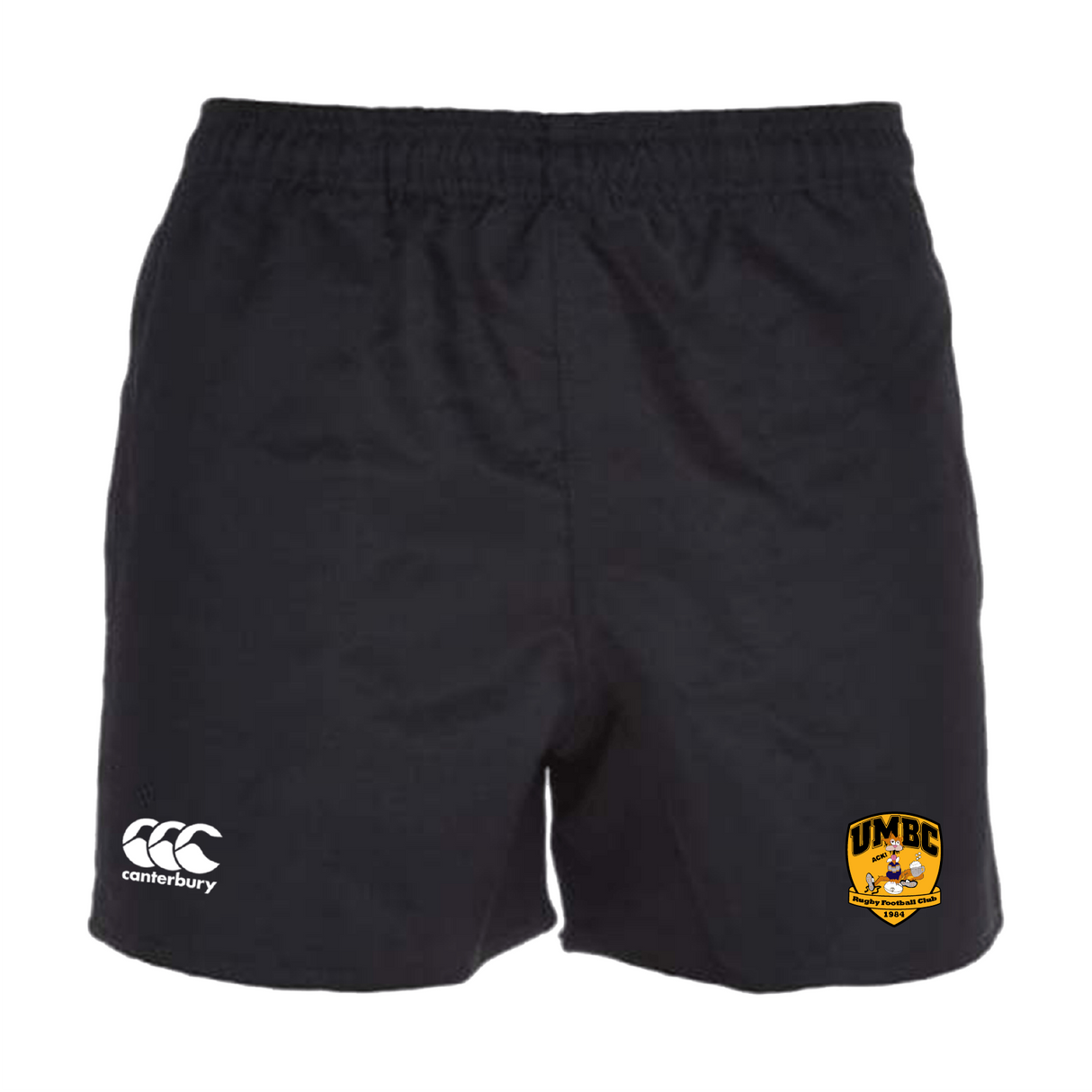 The University of Maryland Baltimore County Rugby Player's Drill Short by EMB Canterbury is black, made from recycled fabric, and features a white Canterbury logo on the left leg and a UMBC logo on the right.
