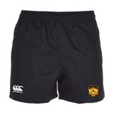 The University of Maryland Baltimore County Rugby Player's Drill Short by EMB Canterbury is black, made from recycled fabric, and features a white Canterbury logo on the left leg and a UMBC logo on the right.