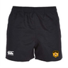The University of Maryland Baltimore County Rugby Player's Drill Short by EMB Canterbury is black, made from recycled fabric, and features a white Canterbury logo on the left leg and a UMBC logo on the right.
