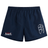 The USA Para Powerlifting Tactic Short by EMB Canterbury features navy blue lightweight fabric, a white abstract logo on the right leg, and "USA Para Powerlifting" with a barbell graphic on the left, inspired by classic Canterbury style.