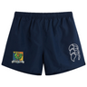 Navy blue Takoma Touch Rugby Tactic Short by Canterbury with an elastic waistband, featuring a Takoma TRFC rooster emblem on the left and a white logo on the right.