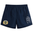 The Old Man Rivah Rugby Tactic Short by EMB Canterbury features a navy blue design, elastic waistband, crest logo on the left leg, and a white geometric pattern on the right—ideal men's shorts for sport and style.