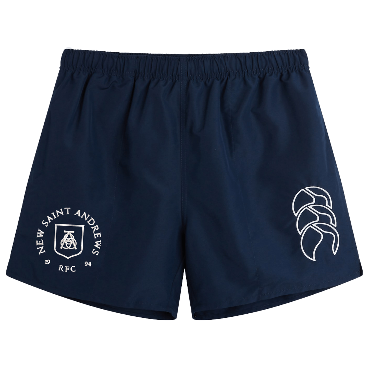 Introducing the New Saint Andrews College Tactic Short by Canterbury, crafted by EMB Canterbury. These navy blue athletic shorts are inspired by classic Canterbury shorts and feature an elastic waistband for a comfortable fit. Showcasing the white New Saint Andrews RFC logo on the left leg and a distinctive stylized graphic on the right leg, these lightweight shorts are ideal for men’s rugby training or everyday wear.