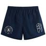 Introducing the New Saint Andrews College Tactic Short by Canterbury, crafted by EMB Canterbury. These navy blue athletic shorts are inspired by classic Canterbury shorts and feature an elastic waistband for a comfortable fit. Showcasing the white New Saint Andrews RFC logo on the left leg and a distinctive stylized graphic on the right leg, these lightweight shorts are ideal for men’s rugby training or everyday wear.