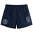 The Saint Anselm College Club Rugby Tactic Short by EMB Canterbury features navy blue fabric, an elastic waistband, a white emblem on the left leg, and a geometric pattern on the right—ideal for men's rugby or active wear.