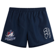 SUNY Maritime Men’s Rugby Tactic Short by Canterbury in navy blue, featuring a “Maritime Rugby” anchor logo on the left leg and a white outline logo on the right.