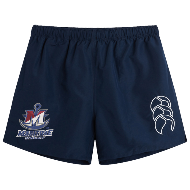 SUNY Maritime Men’s Rugby Tactic Short by Canterbury in navy blue, featuring a “Maritime Rugby” anchor logo on the left leg and a white outline logo on the right.