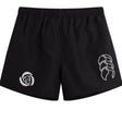 The Missoula All-Maggots Tactic Short by EMB Canterbury features an elastic waistband and showcases a striking white spiral design on the left leg alongside a bold white abstract pattern on the right. Designed for men, these lightweight athletic rugby shorts combine comfort and style, making them perfect for your next training session or game.