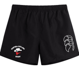 The Ventura Outlaws Rugby Tactic Short by EMB Canterbury features an elasticated waistband, along with a "Ventura Outlaws Rugby" logo and a white crab-like design on the front.