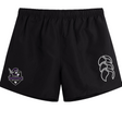 The EMB Canterbury Cypress Warriors Men's Rugby Tactic Short features a purple team logo on the left leg and a white abstract design on the right. These lightweight shorts deliver comfort and style for training or game day.