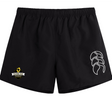 The Chicago Riot Tactic Short by Canterbury features a white claw logo on the right leg and a yellow Chicago Riot Rugby Club badge on the left, merging EMB Canterbury style with athletic performance in lightweight men's rugby shorts.