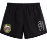 Introducing the RVA T.R.C. Tactic Short by EMB Canterbury—black athletic shorts featuring the RVA Rugby logo on the left leg and a white Canterbury logo on the right. These lightweight shorts are designed for comfort and performance, making them perfect men’s rugby shorts for both training and match days.