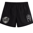 Black ICRON Tactic Short by Canterbury with an elastic waistband, featuring a shield-shaped emblem on the left leg and a logo on the right.