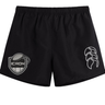 Black ICRON Tactic Short by Canterbury with an elastic waistband, featuring a shield-shaped emblem on the left leg and a logo on the right.