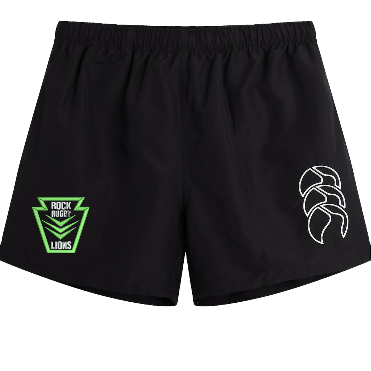 Black Rock Rugby Tactic Short by Canterbury with an elastic waistband, featuring a green and black “Rock Rugby Lions” shield logo on the right leg and a white outline logo on the left leg.