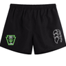 Black Rock Rugby Tactic Short by Canterbury with an elastic waistband, featuring a green and black “Rock Rugby Lions” shield logo on the right leg and a white outline logo on the left leg.
