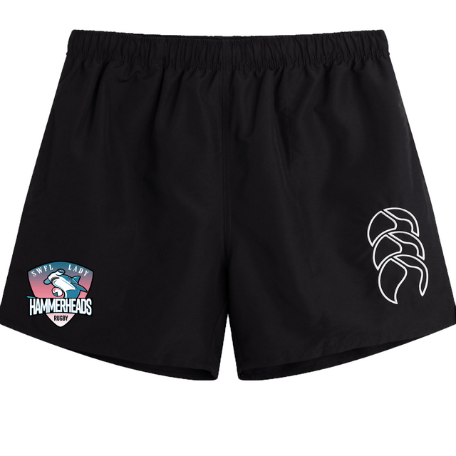 The SWFL Lady Hammerheads Tactic Short by WRS Canterbury features a white stylized logo on the right leg and a team crest on the left—men's lightweight rugby shorts designed for comfort and performance.