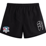 The SWFL Lady Hammerheads Tactic Short by WRS Canterbury features a white stylized logo on the right leg and a team crest on the left—men's lightweight rugby shorts designed for comfort and performance.