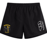 The EMB Canterbury Spartan Youth Rugby Tactic Short features an elastic waistband, a "Spartan Youth Rugby" logo on the left leg, and a white abstract design on the right.