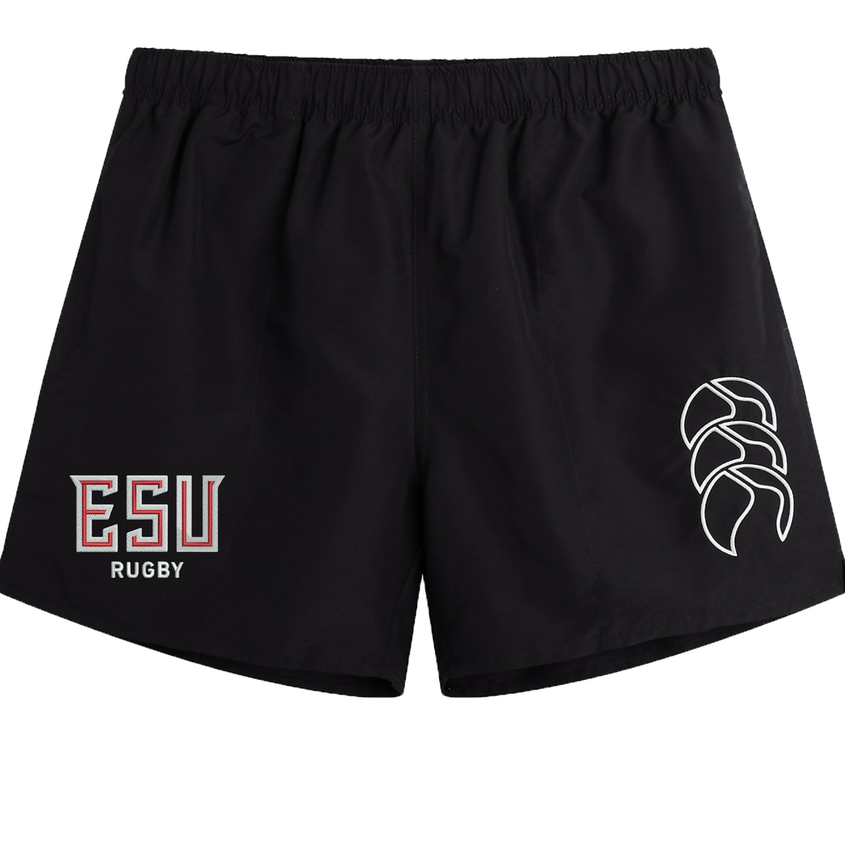 The EMB Canterbury East Stroudsburg University Tactic Short is a lightweight men's rugby short in black, featuring "ESU Rugby" in red and white on the left leg and a white rugby logo on the right—perfect for athletic performance.