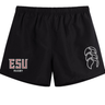 The EMB Canterbury East Stroudsburg University Tactic Short is a lightweight men's rugby short in black, featuring "ESU Rugby" in red and white on the left leg and a white rugby logo on the right—perfect for athletic performance.