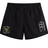 Black men's lightweight Potomac Exiles Rugby Club Tactic Shorts by EMB Canterbury, inspired by classic Canterbury shorts, featuring the club logo with "Potomac Exiles Rugby Club" on the left leg and a white abstract design on the right leg.